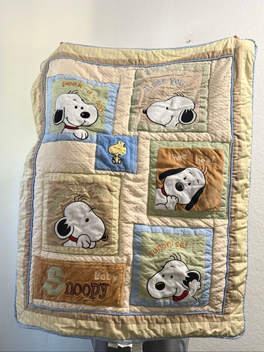 Vintage Snoopy Blanket Quilt  Peek A Boo I see You Baby  Green White Gingham
